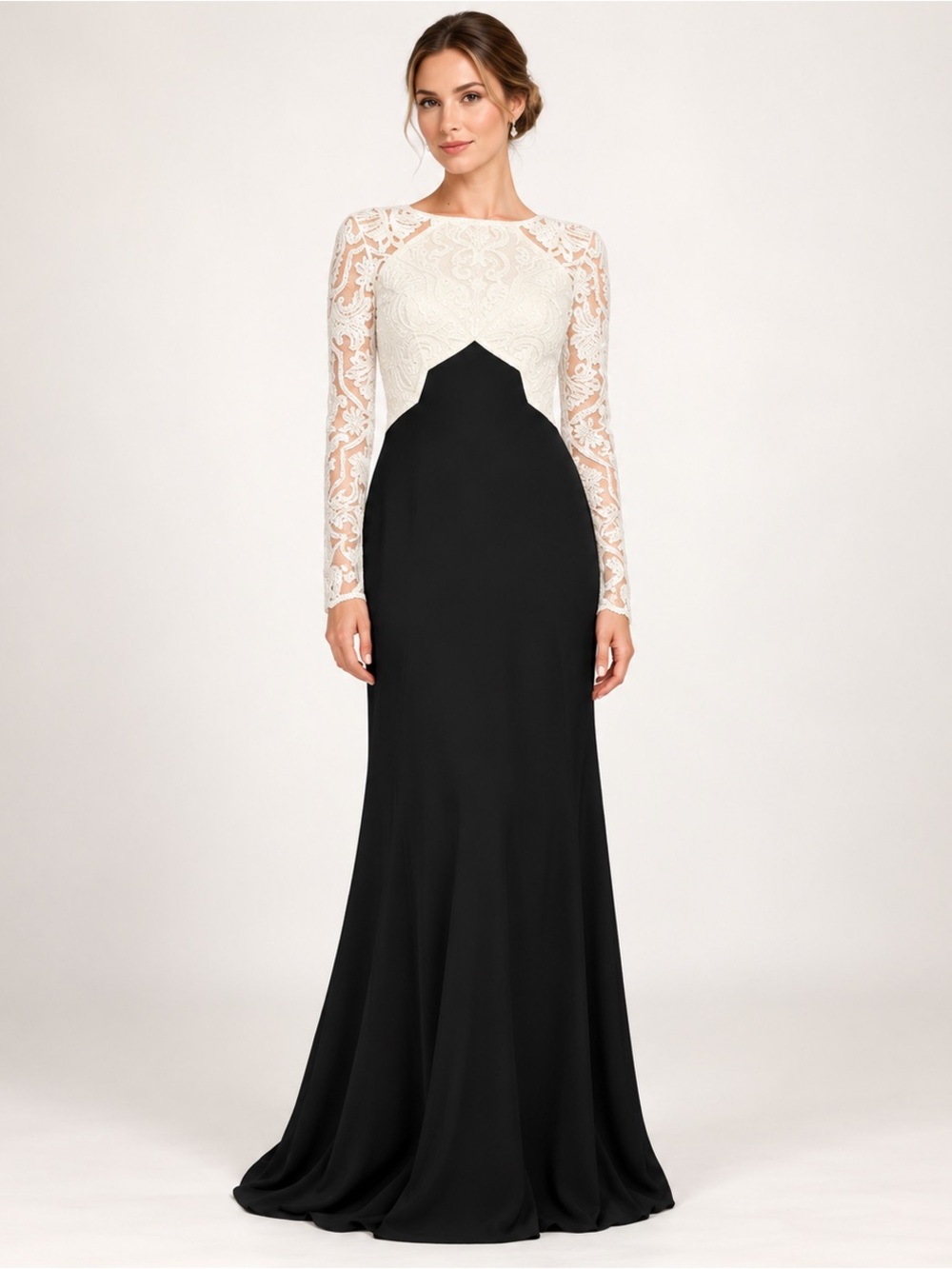 Tadashi Shoji Black Ivory Lace Colorblock Evening Gown 14 MOB mother of bride